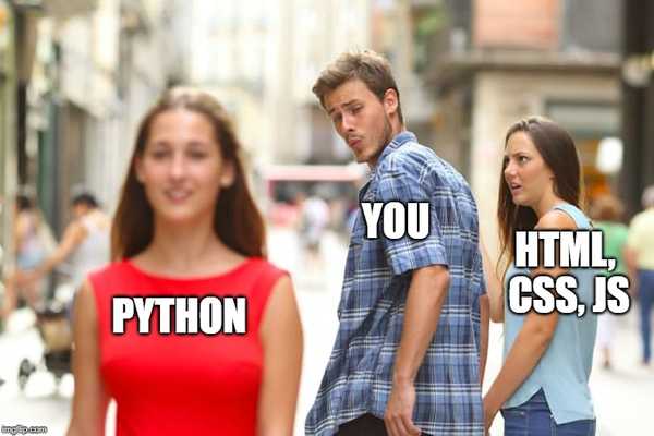 Distracted boyfriend holding girlfriend that represents HTML, CSS, JS looking at hot girl representing Python